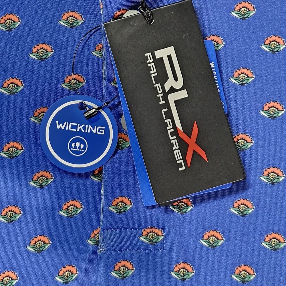 RLX Ralph Lauren Performance Polo Shirt M Blue Floral Micro Print NWT Wicking